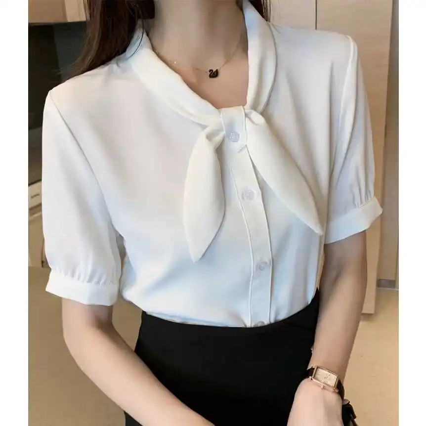 

Women's Chiffon irt Summer New Sle ort Sve Knot Top Profional White irt Commute Sle Straight Cut