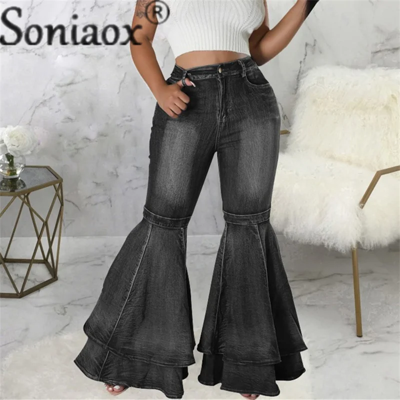 Camadas de emenda feminina, calça jeans larga, confortável, cintura alta, calça jeans feminina, casual stretch, moda