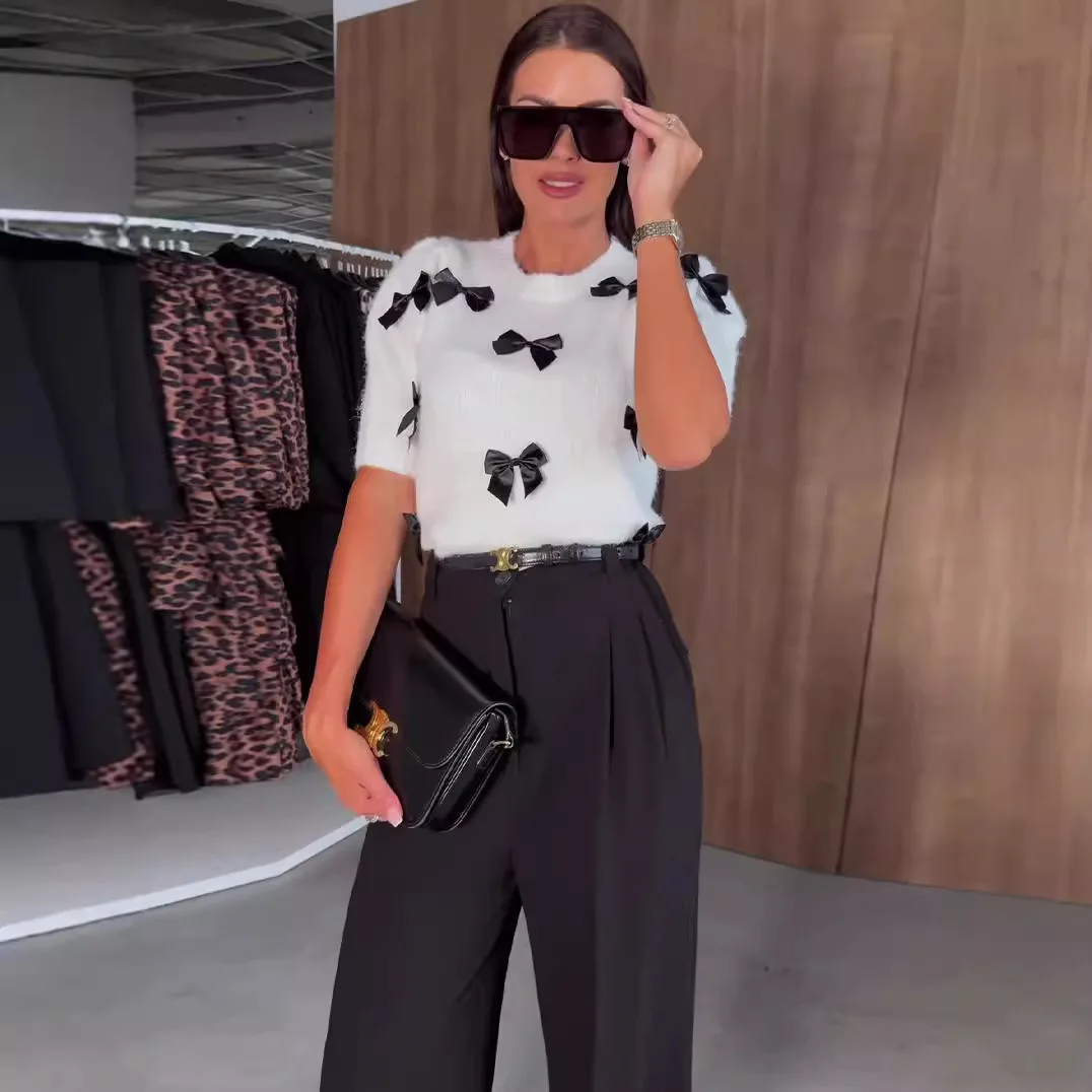

Women Pullovers Bow O Neck Jumpers Knitted Sweaters Short Sleeve Sweater High Street Loose Fit Slight Strech Autumn 2025