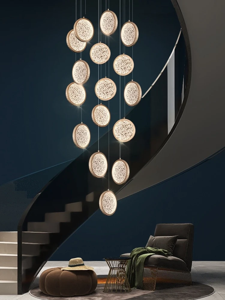 

LED Minimalist Loft Long Chandelier Creative Gold Circular Villa Living Room Light Luxury Rotating Staircase Large Chandelier