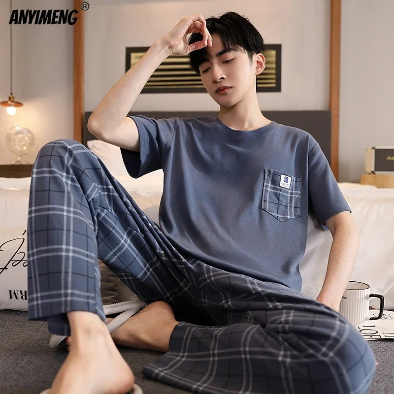 Plus Size L-5XL Summer Cotton Sleepwear for Man Fashion Leisure Boys Lougewear Men Pj Short Sleelves Full Pants Mens Pajamas Set