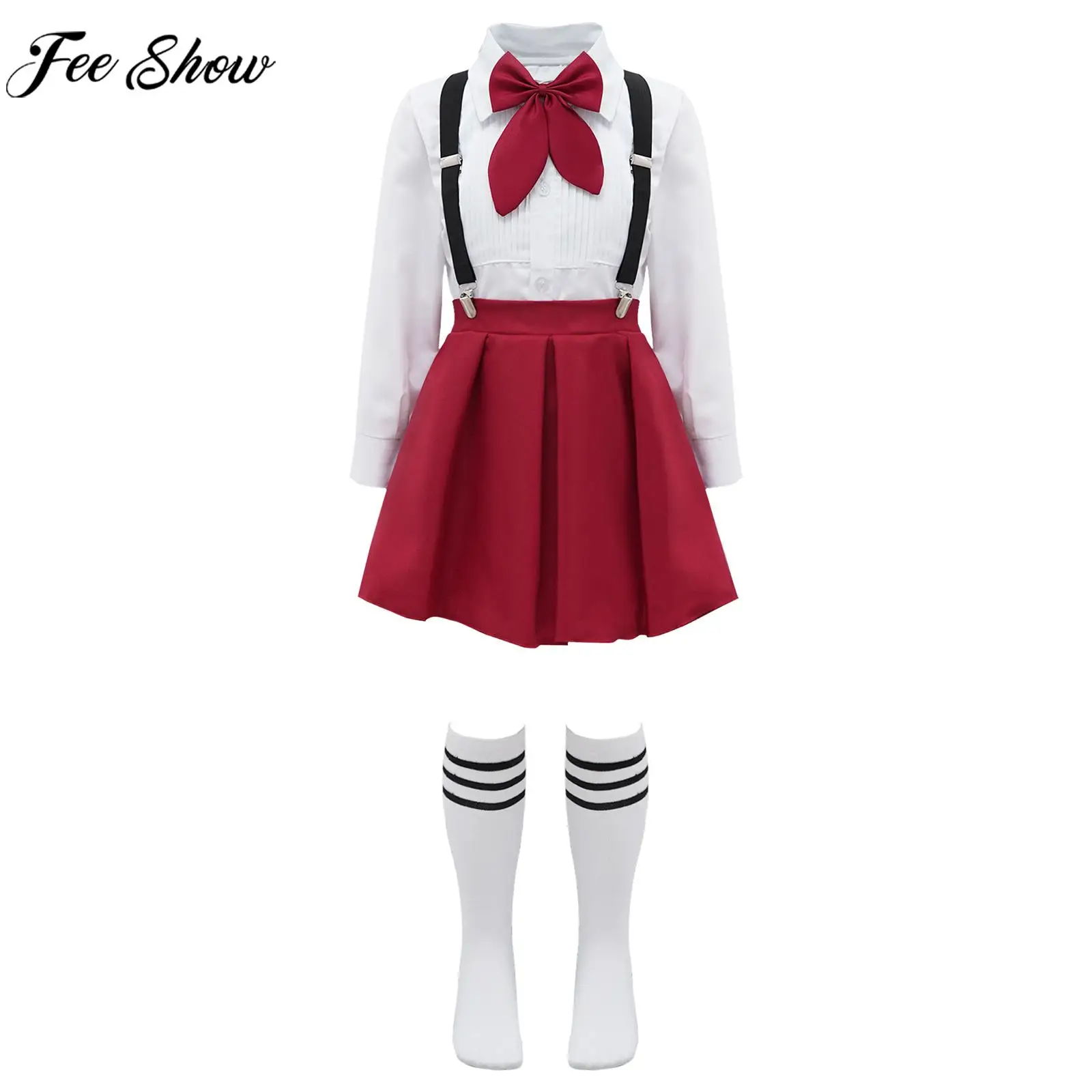 Schoolgirls School Uniforms Choir Costume Lapel Bow Tie Top with Suspender Skirt And Socks Children Stage Performance Outfits