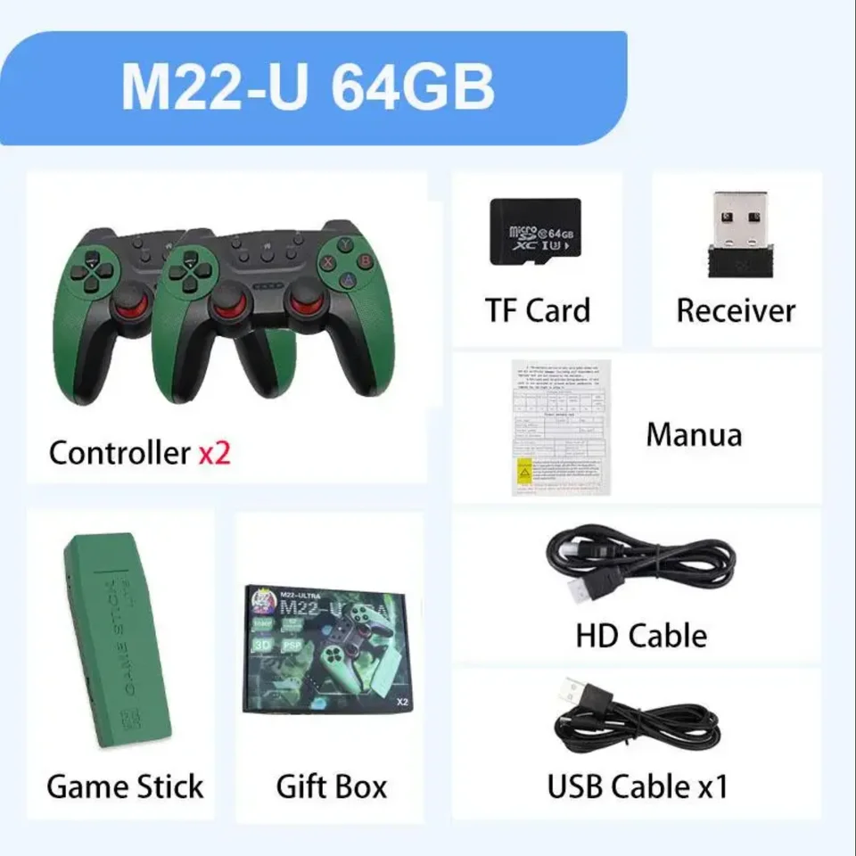 Consola Retro M22 U Con 30,000+ Juegos Y 52 Emuladores – 4K HD, 2 Mandos Inalámbricos 2.4GHz – Plug&Play Para TV/PC/Proyector