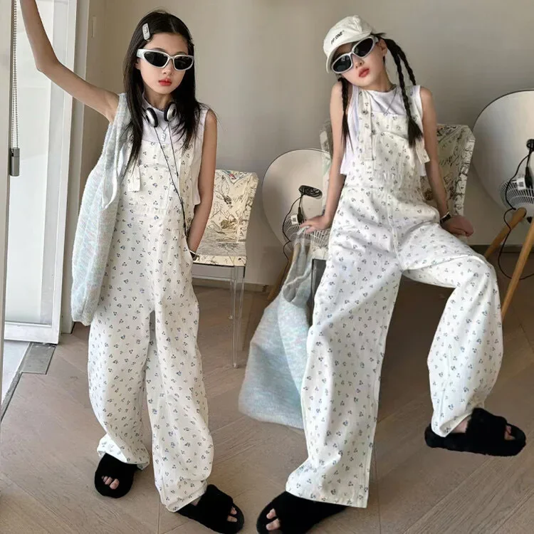 Girls Spring 2024 Cute Off White Fashionable Fragmented Flower Strap Pants American Loose Wide Leg Straight leg Pants