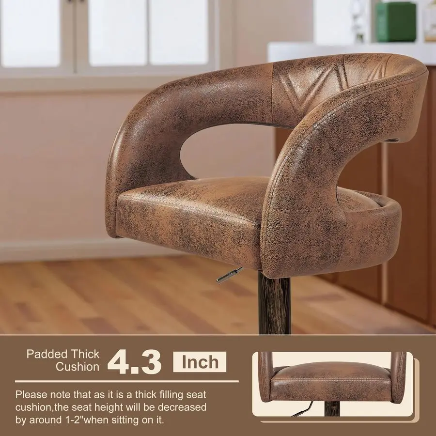 Bar Stools Set of 2 Adjustable Swivel Modern Pu Leather Barstools, Counter Bar Stools with Back and Arms, for Kitchen, Bar Dark