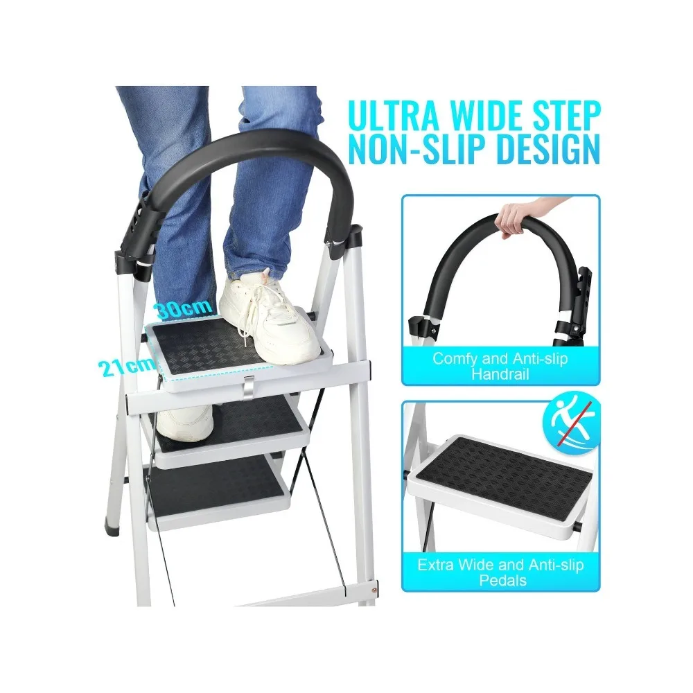 Deliladder Folding 3-Step Steel Step Stool Wide Anti-Slip Pedal Sturdy Design 375 Lbs Capacity Modern Style White
