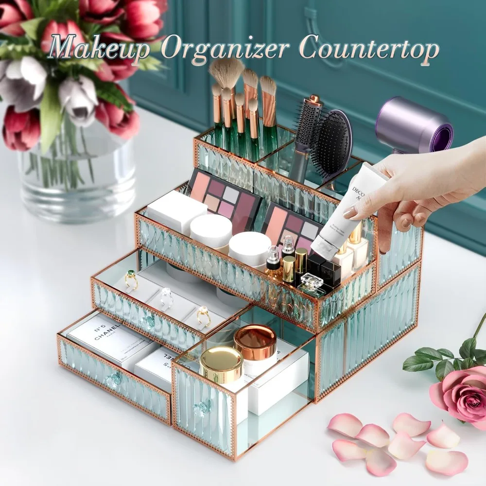 Makeup Organizer Countertop - Tempered Glass Dresser Organizer Makeup, Skin Care, Hair Tools, Brushes, Perfume