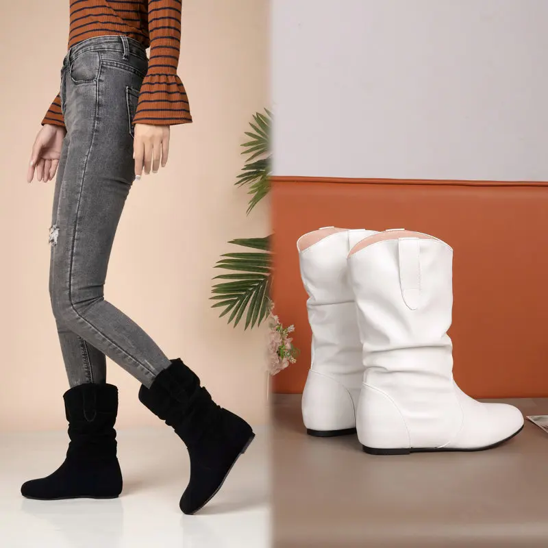 REAVE CAT Design Female Ankle Boots Flock Round Toe Wedges Slip On Pleated Size 45 46 47 48 Leisure Daily Booties Women