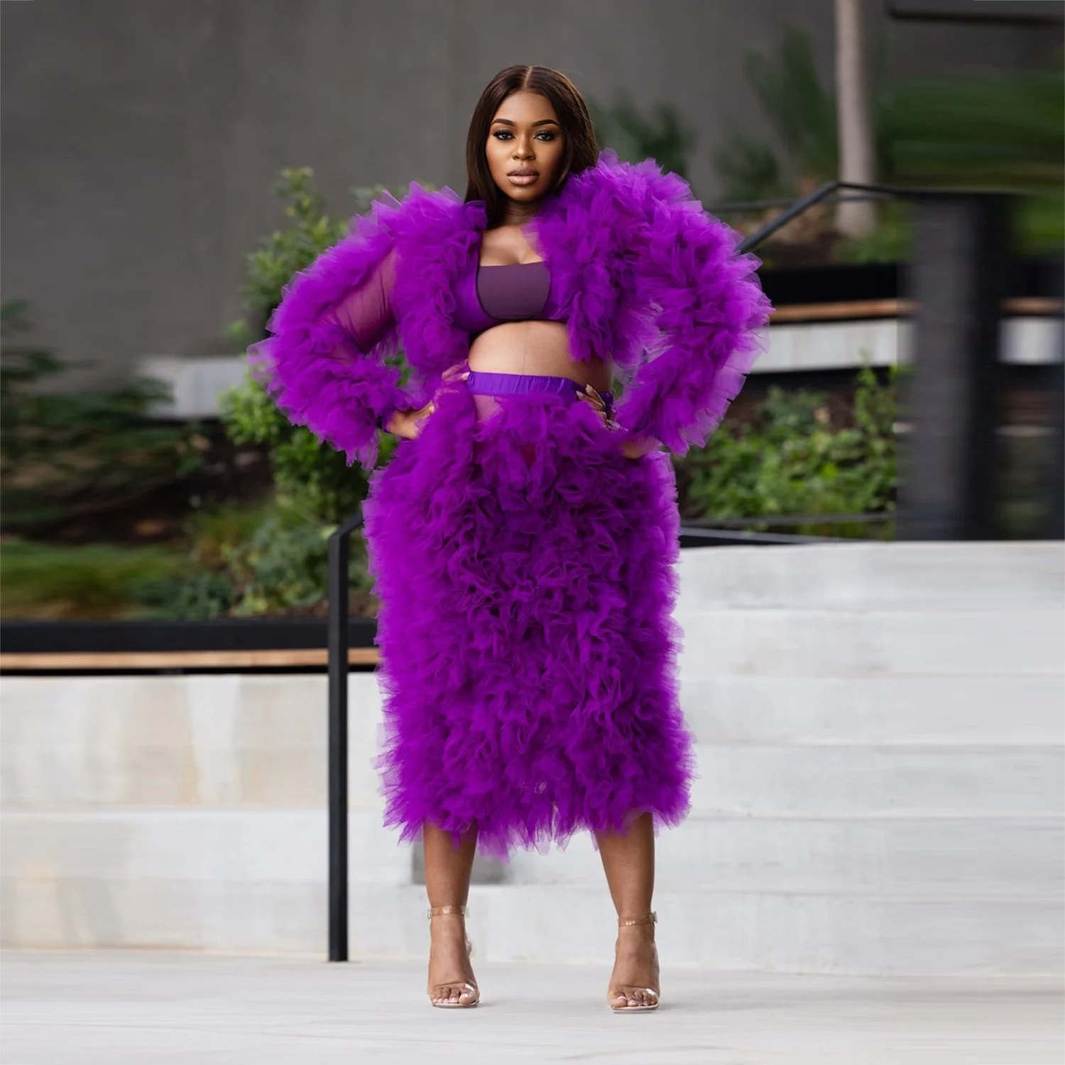 

Purple Ruffles Tulle Two Pieces Prom Dress Long Sleeves Women Jacket Elastic Waist Tulle Pencil Skirt To Party Formal Wear