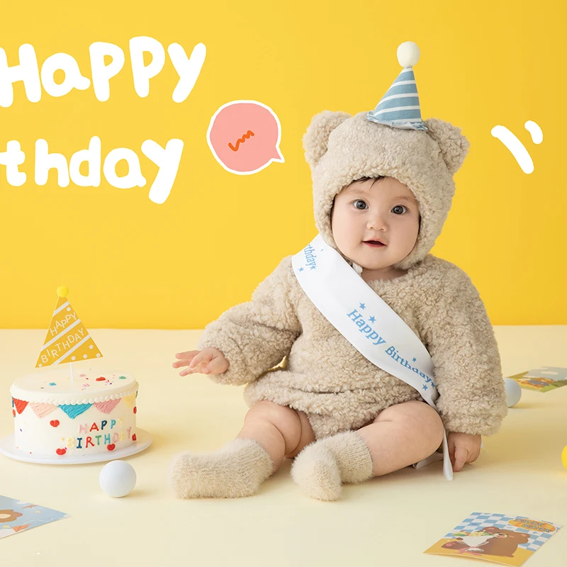 Baby Photography Clothes Plush Bear Hat Jumpsuit Set 3-5 Month Baby Outfit Birthday Cake Theme Photo Props Studio Accessories