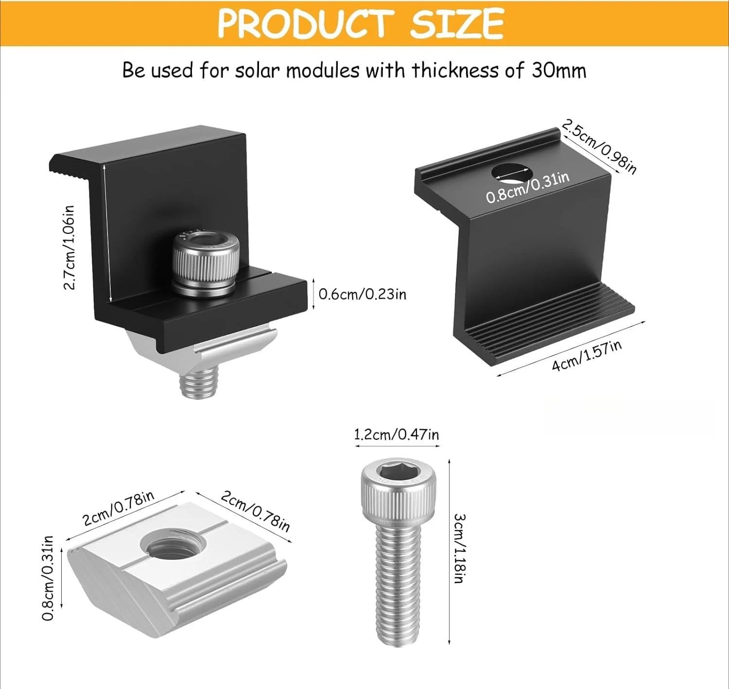 30MM Solar Panel Mounting Fixing Clamp Adjustable Bracket End & Mid Clamp PV Panel Clip for Solar Panel PV System Install Tool
