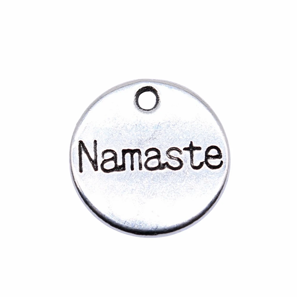 WYSIWYG 10pcs 15x15mm Antique Silver Color Namaste Round Plate Charms Pendant For Jewelry Making DIY Jewelry Findings