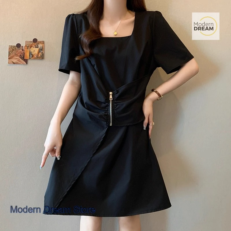 

French temperament black square collar shoulder dress women's summer new fashion irregular waist slim high-grade short skirt