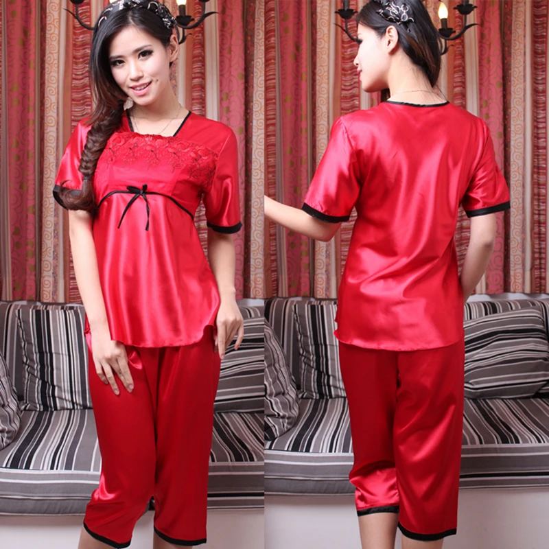 New Red Rose Shorts Silk Pajamas Set Brand Summer Home Apparel Female Satin Nightshirt Fashion Silky Nightgown Ladies Sleepwear