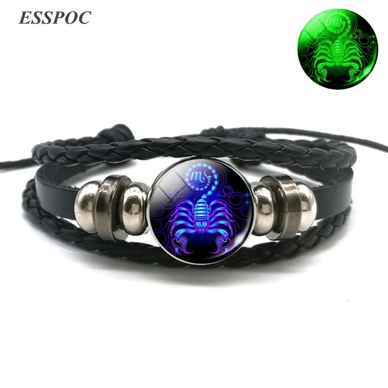 Glowing In The Dark 12 Constellation Leather Wrap Bracelet Punk Zodiac Braided Bracelet for Women Men Gifts Drop Shipping