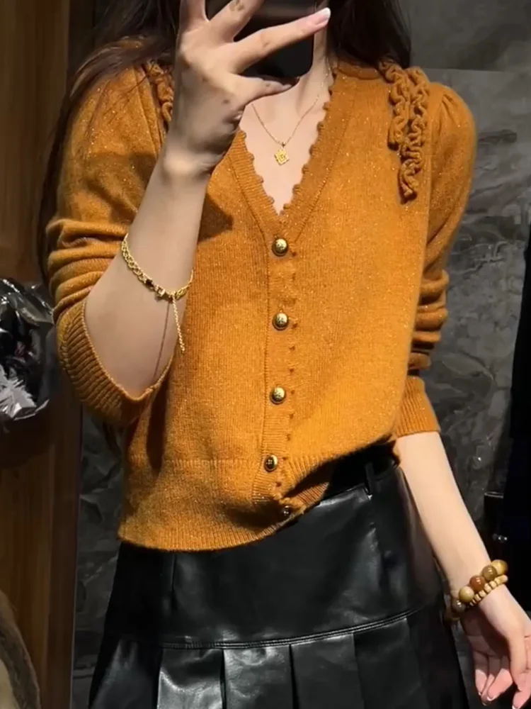 

Ele Heavyweight V-Ne Knitted Open Cardigan Autumn New Sle plus Size Versatile Agel Long Sve Women's Camere Sw...