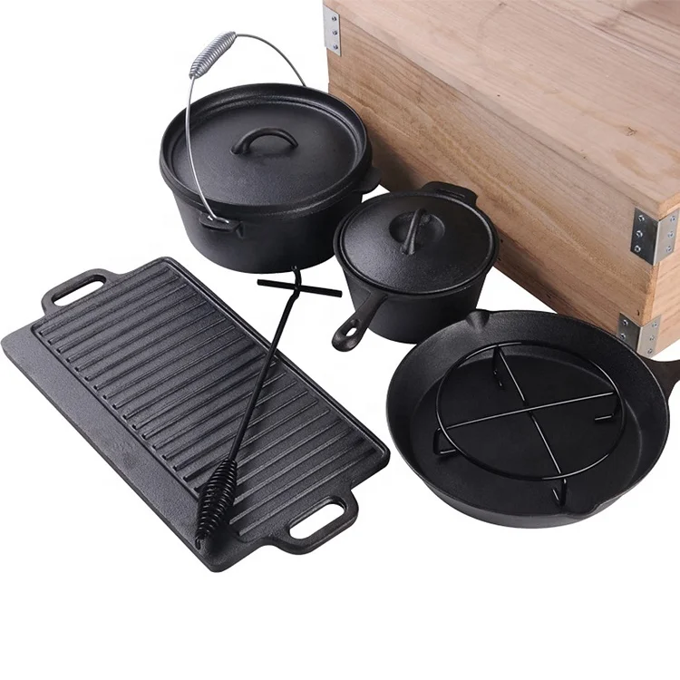 

Cast Iron Camping Kitchen BBQ Grill Pot Cookware Set For Camping
