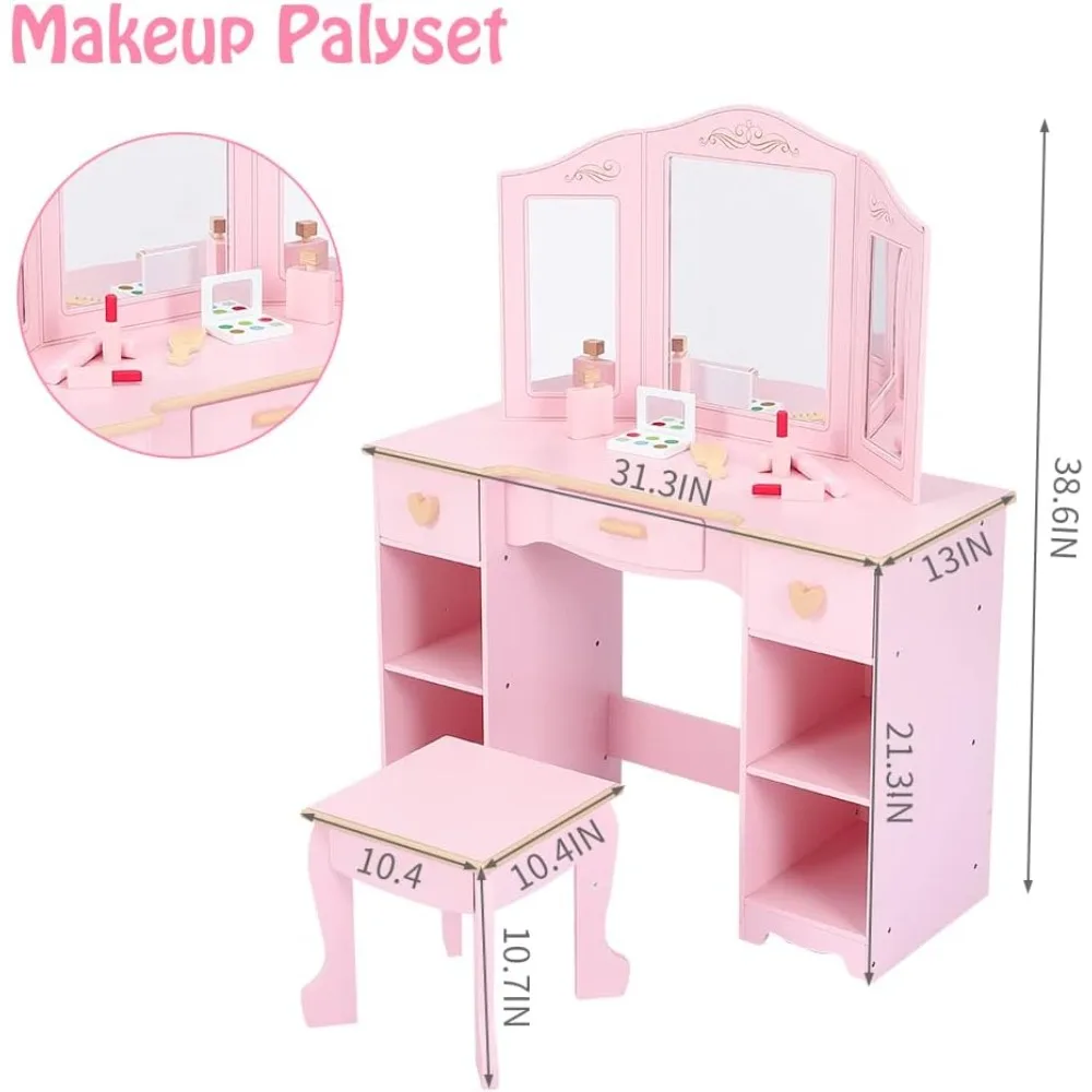 Vanity Table and Chair Set Kids Dressing Table with Wood Makeup Playset Toy with Mirror & Drawer for Age 4-9 Christmas Gift