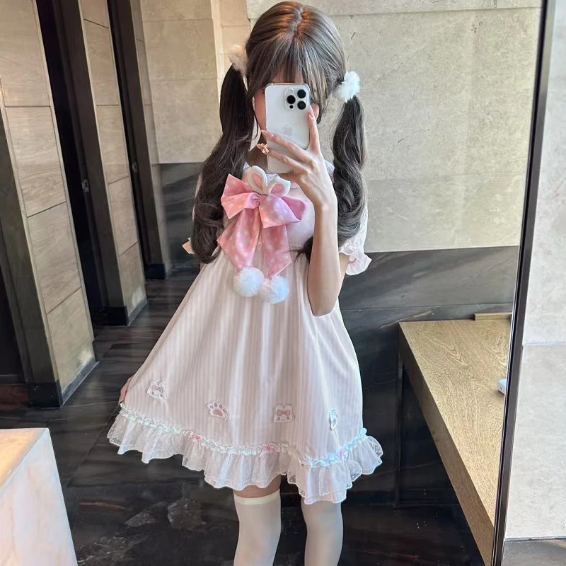 귀여운 토끼 사랑스러운 토끼 라이트 로리타 드레스 탈부착 가능한 소매 오리지널 레이스 소프트 걸 딸 드레스 Y2k 드레스