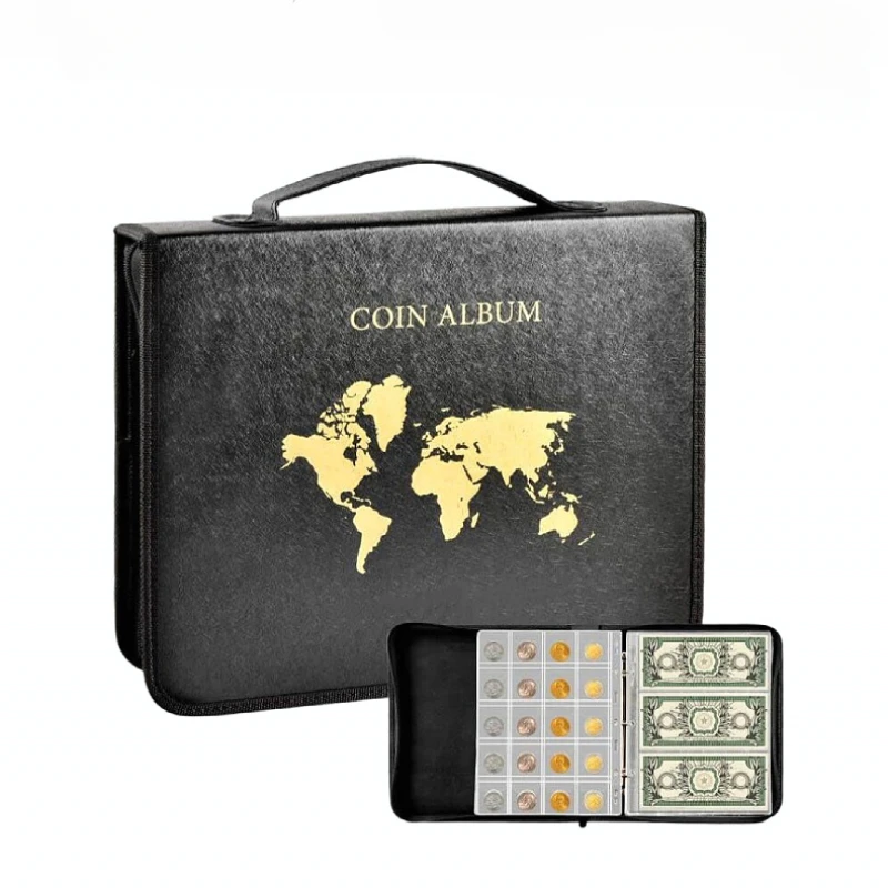 200 Compartment Coin Collection Book Portable PU Leather Zipper Hand-held Transparent Loose Leaf Paper Currency Storage Bag