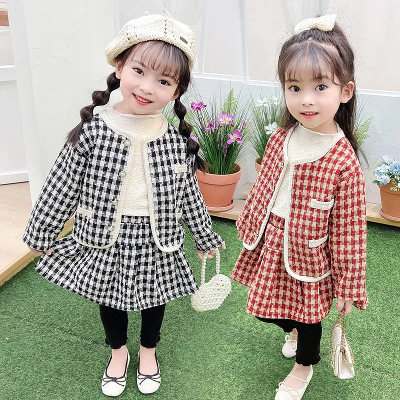 Spring Autumn Girls Fashion Plaid Four Piece Set  Suit Baby Kids Children Clothing Set Including Coat Skirt T Shirt Pants