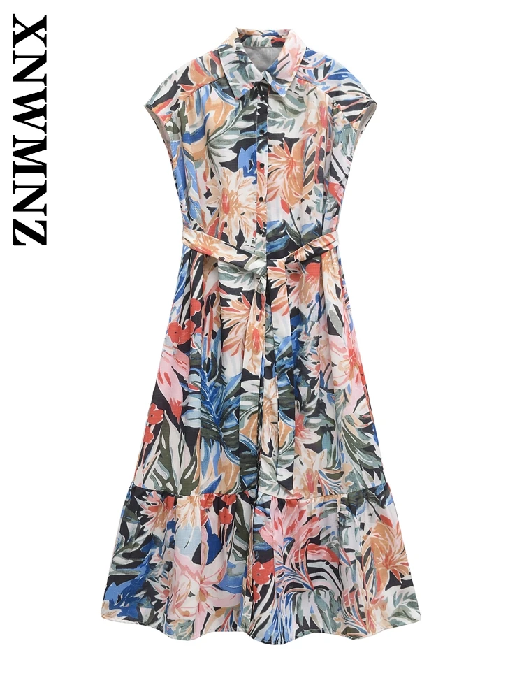 

XNWMNZ 2025 Summer New Female Fashion boho Turn-down Collar midi Dress Chic Holiday Woman Sleeveless Floral with belt Dresses