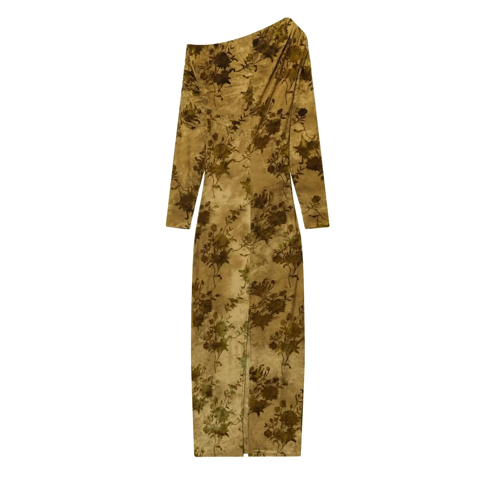 New Elegant French-Style Dress Fitted Long-Sleeve Floral Beach Resort Dress Luxurious-Feel Polyester Ankle-Length Dress