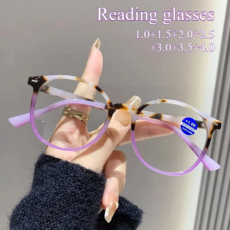 Modische Lesebrille mit rundem Rahmen, Anti-Blaulicht-Presbyopie-Brille, Weitsichtigkeitsbrille für Herren und Damen + 100– + 4,0