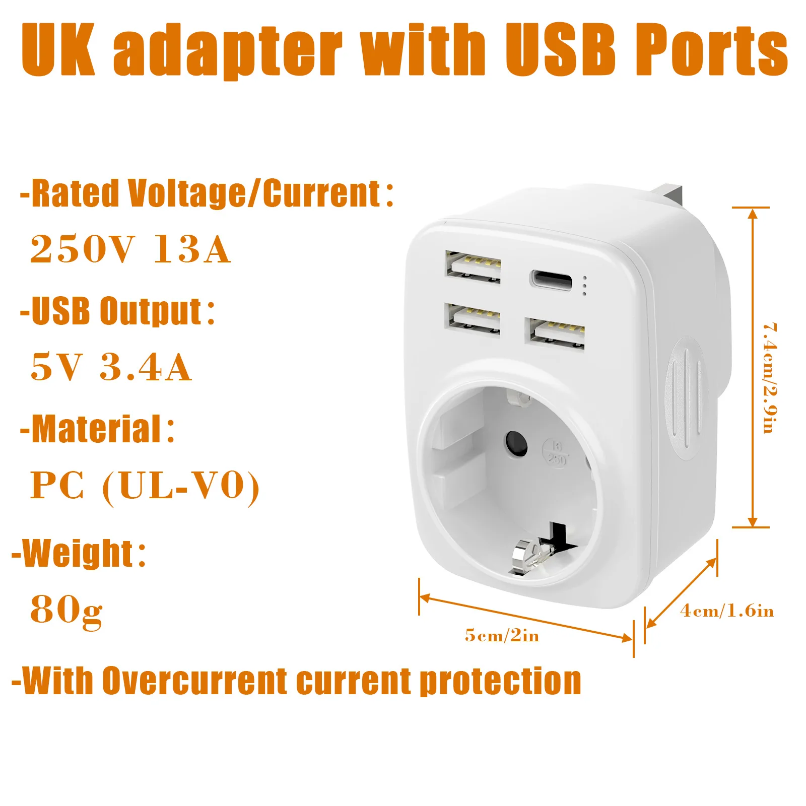 EU to UK Plug Adapter Travel Adapter with 3 USB-A and Type C UK Wall Socket 250V/13A for Malaysia Ireland Singapore Hong Kong