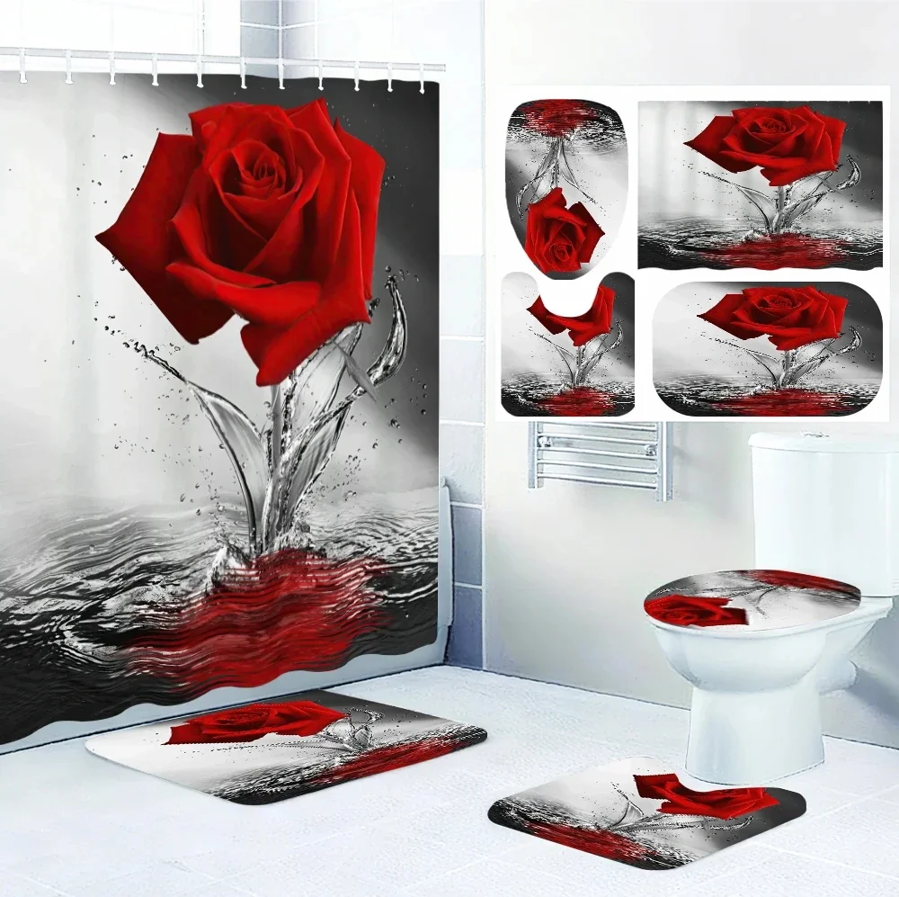 Red Rose Bathroom Four-piece Set - Avant-garde Waterproof Shower Curtain, creating a complete bathroom kit