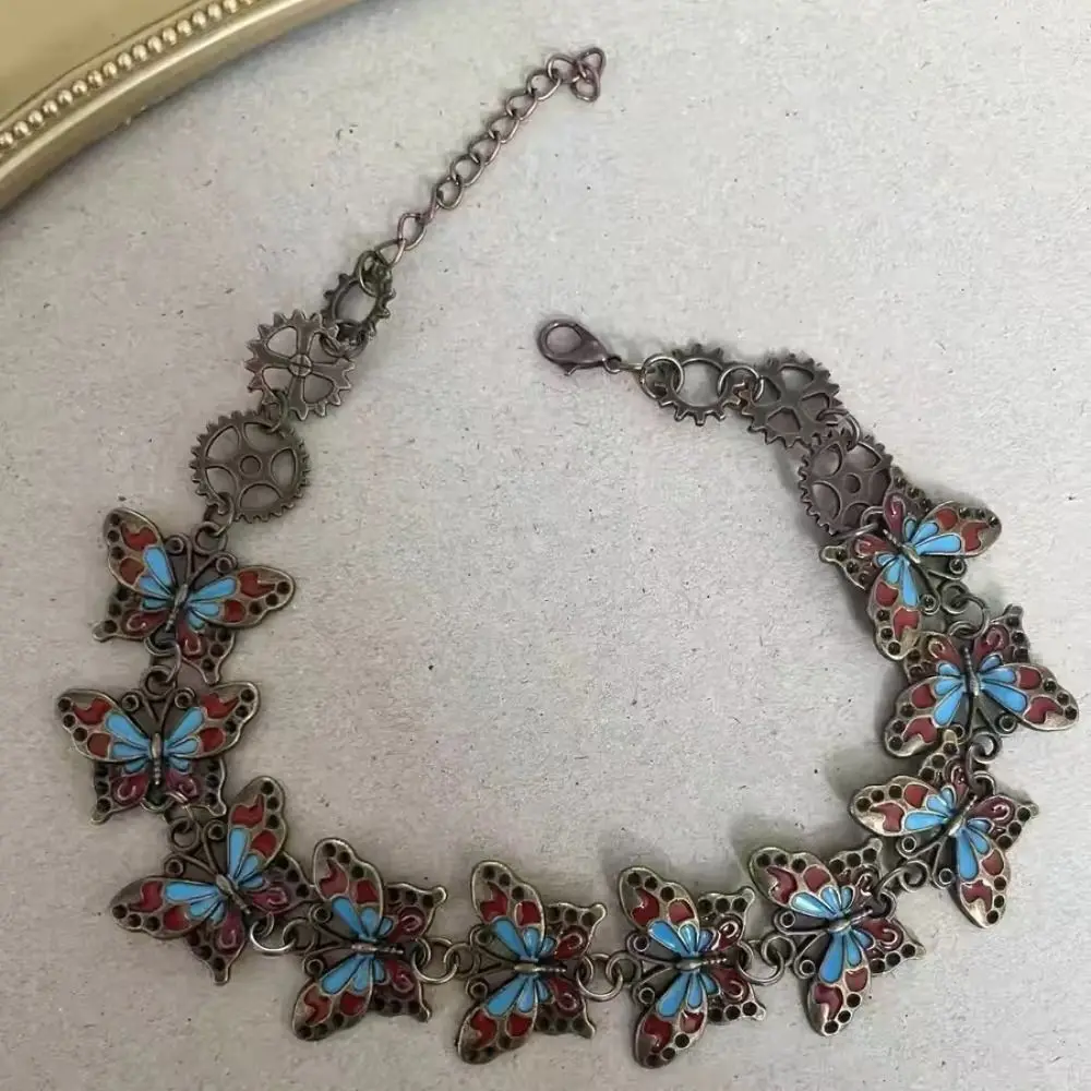 Y2k Mechanical Butterfly Necklace Avant-garde Gear Blue Butterfly Neck Chain Mechanical Feel Metal Cyberpunk Collar Choker