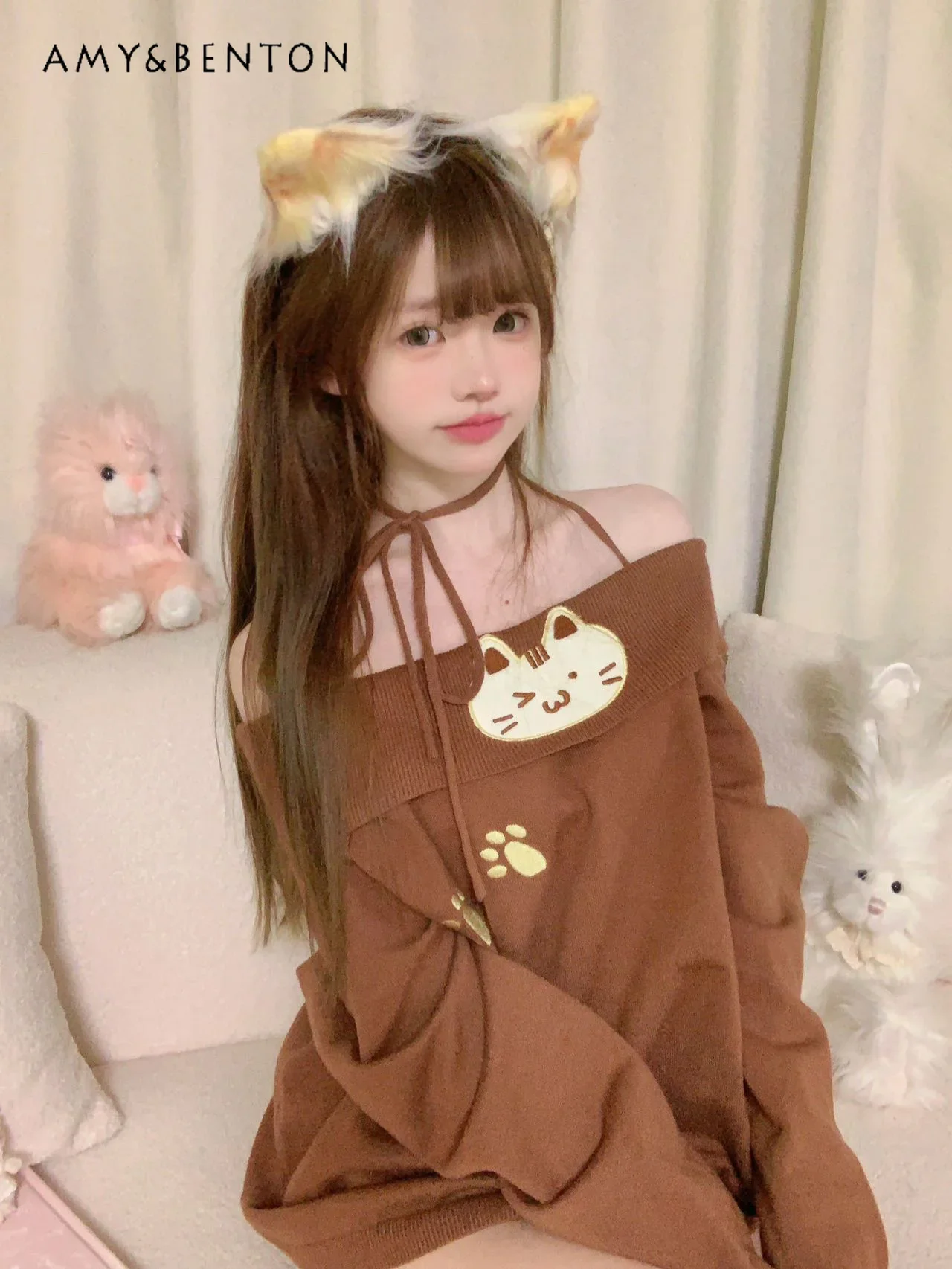 Kawaii Cat Print Off Shoulder Sweaters Japanese Cute Sexy Halter Jumper Early Autumn New Subculture Gothic Oversized Sweater