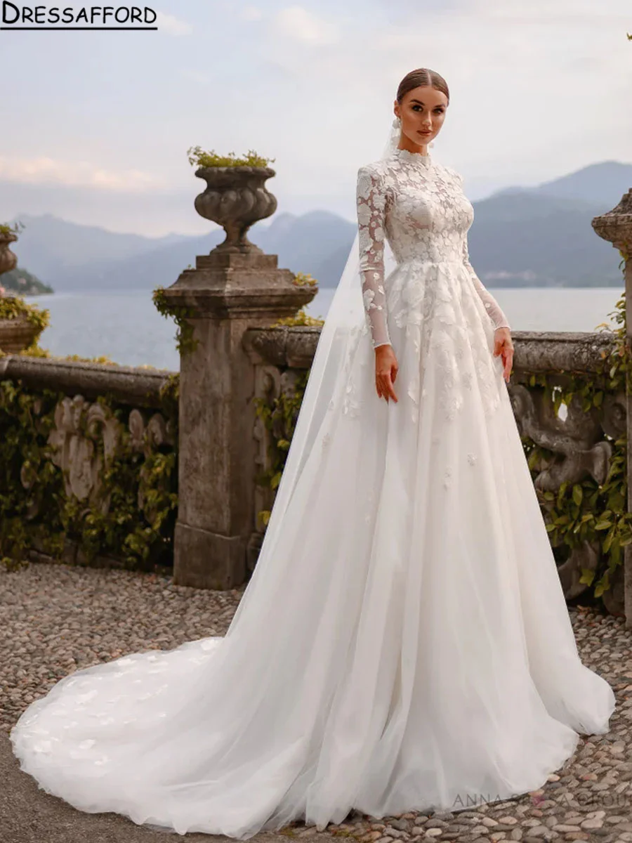 Elegant eine Linie Brautkleider Spitze Applikationen Langarm Brautkleider maßge schneiderte hochwertige Frauen Kleid