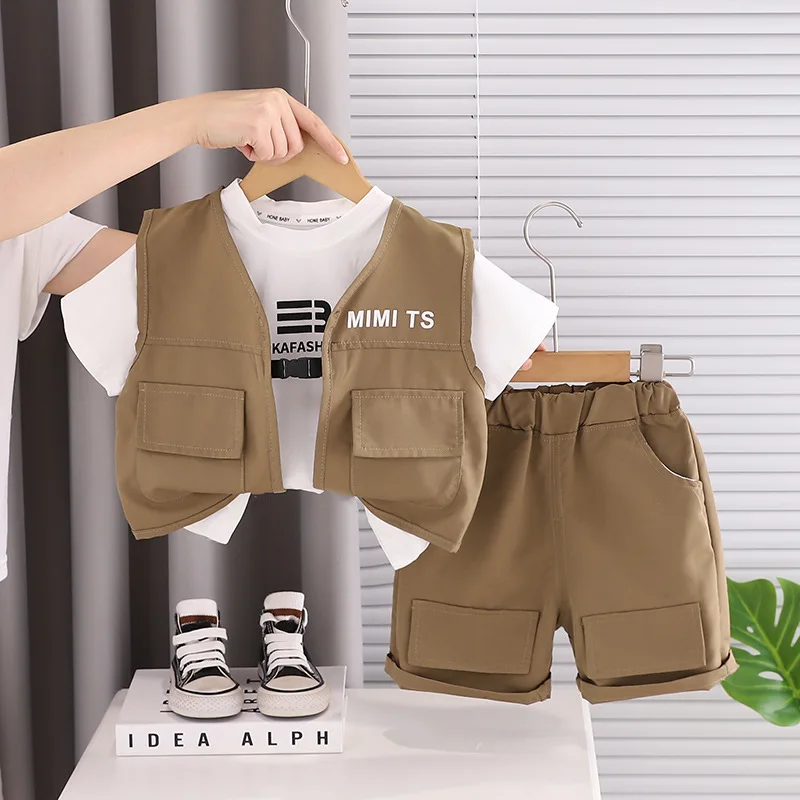 Hot Sale Toddler Boys 3pcs Set 2026 Summer Cargo Vest + T-shirt + Shorts Kids Casual Utility Streetwear Outfits for Daily Wear