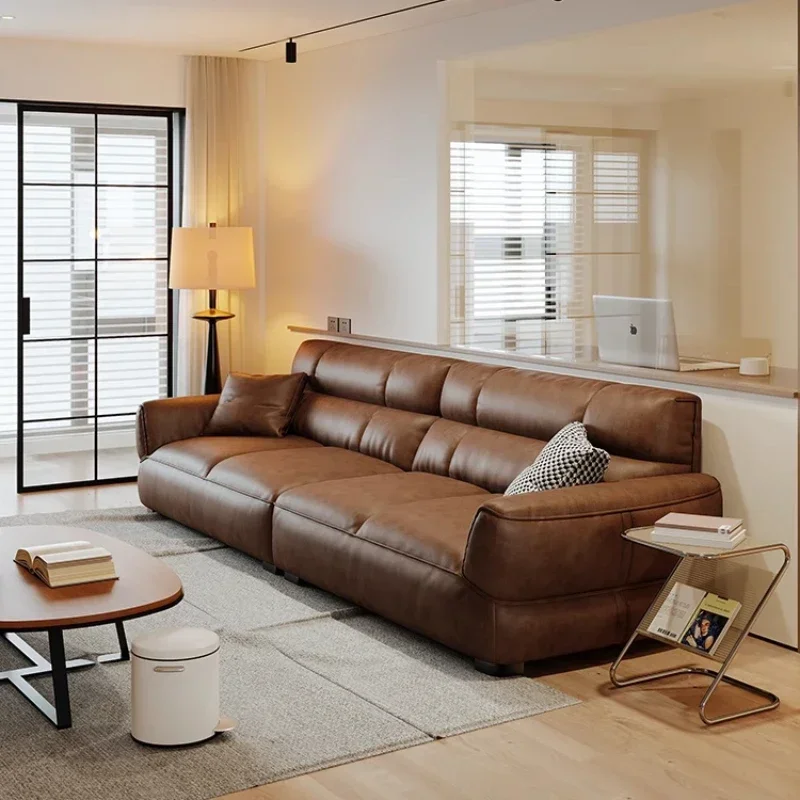 Caramel color, leather, simple, Italian style, modern living room, light luxury at home, small apartment, sofa