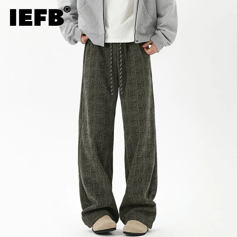 IEFB Fleecing Straight Barrel Men's Trousers Pockets Streak Drawstring Casual Male Cotton-padded Trousers 2024 Winter 9C8915