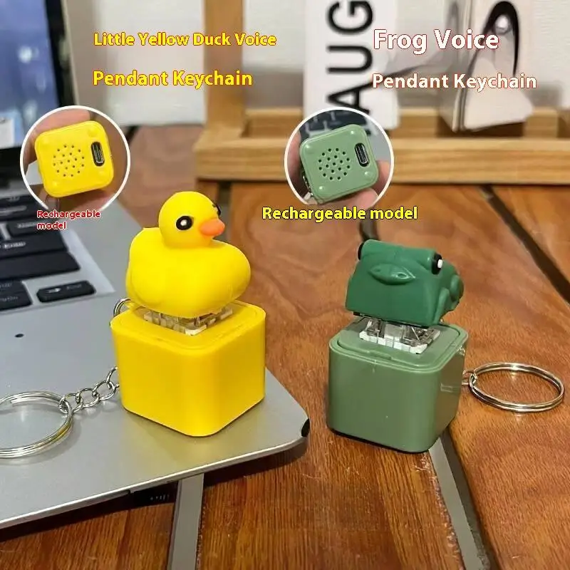 [H]1pc Funny Croaking Frog Duck Keychain Rechargeable Keyboard Fidget Clicker Sound Keyring With LED Light For Stress Relief