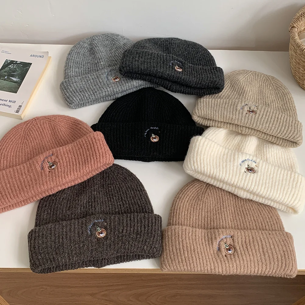 ‌2025 New Autumn Winter Bear Embroidery Windproof Pullover Beanie Hat Hip Hop Warm Soft Ear Protection Knitted Hats for Women