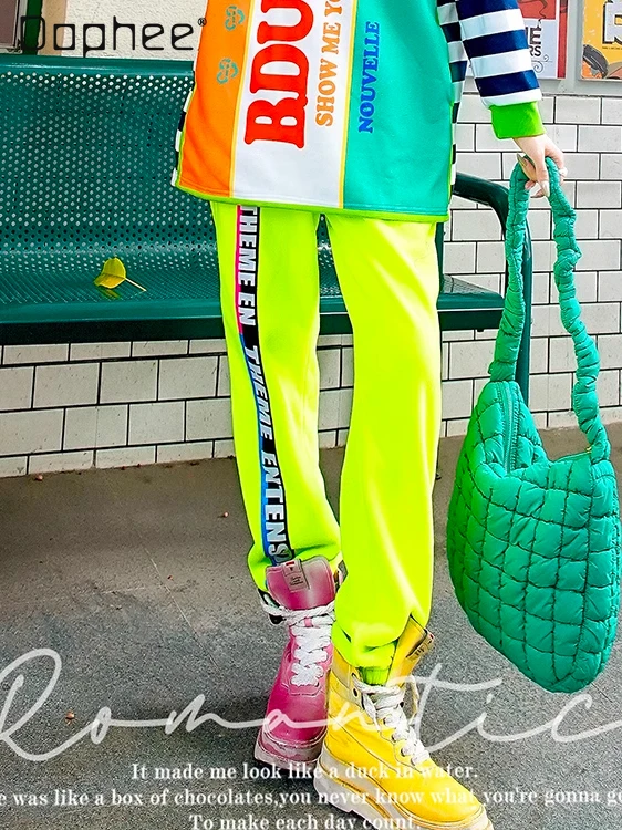 Fluorescent Yellow Color Letter Casual Pants Autumn and Winter New Webbing Tide Brand Loose Fleece Thermal Sweatpants