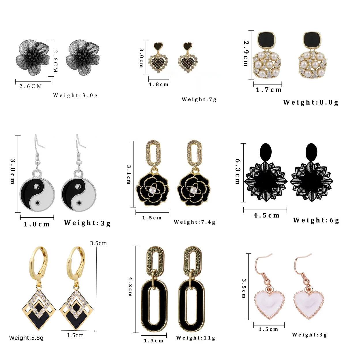 Trendy Black Statement Earrings for Women Enamel Oil Pearl Crystal Square Heart Flower Round Circle Asymmetric Geometry Gift