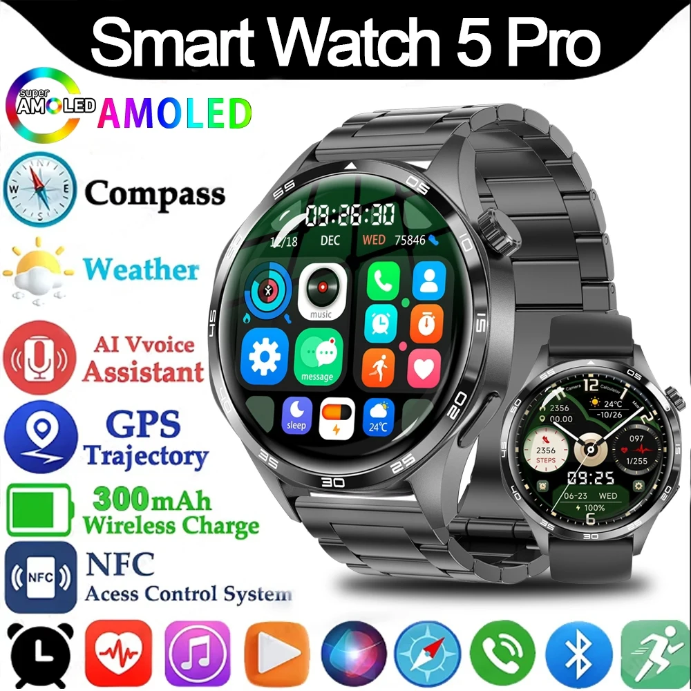 

Новые смарт-часы 2026 Watch 5 Pro с GPS, NFC, AMOLED-экраном, мониторингом здоровья, измерением пульса, Bluetooth-звонками, водонепроницаемостью IP67 для мужчин