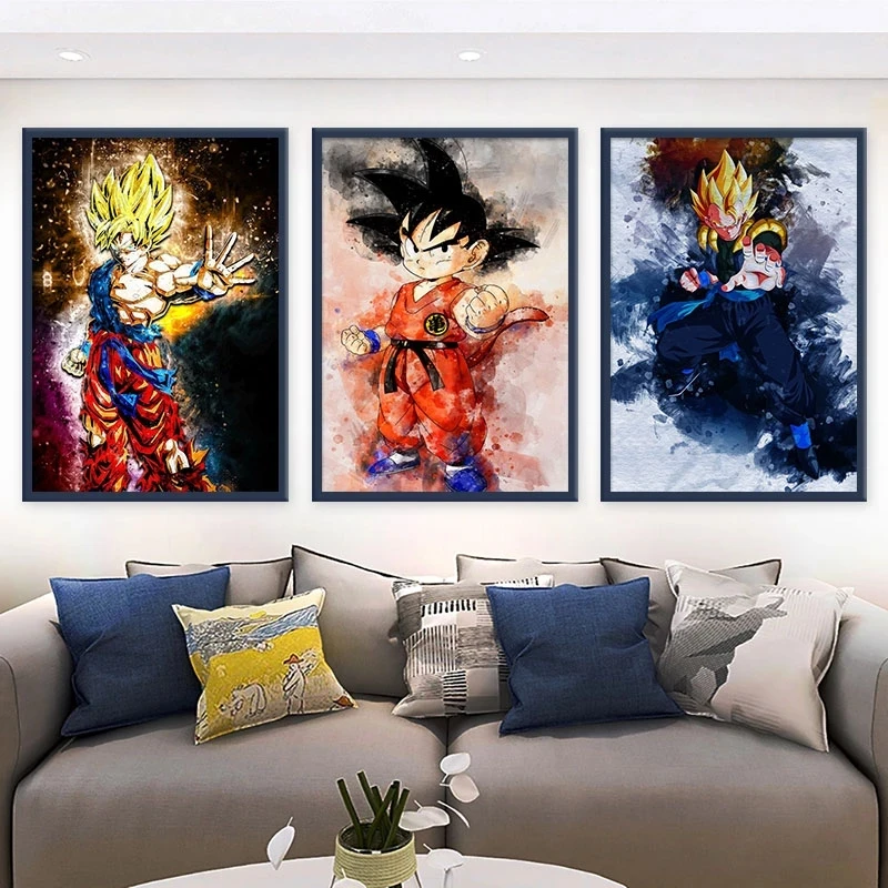 Anime Peripherals Canvas Painting Dragon Ball Figure Goku Poster Cartoon Watercolour Decoration Wall Art Picture for Kids Gifts