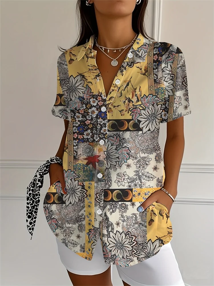 2025年夏 レディース グリーンとピンクの花柄プリント入り半袖シャツ、ファッショナブルでカジュアルな夏の休暇に