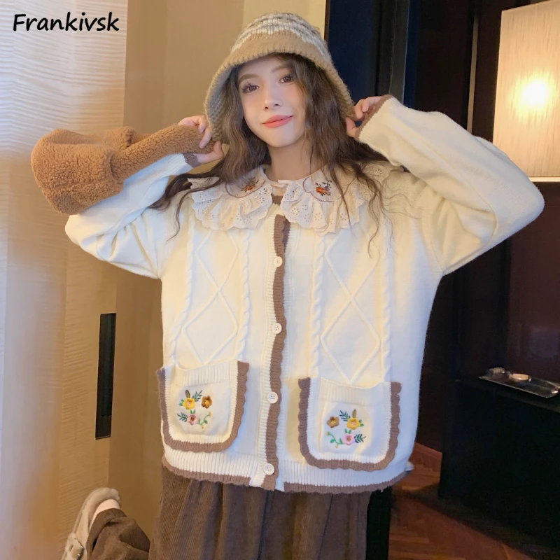 Sweet Knitted Jackets Women Panelled Soft Gentle Flower Embroidery Design Slouchy French Style Aesthetic Casual College Girls