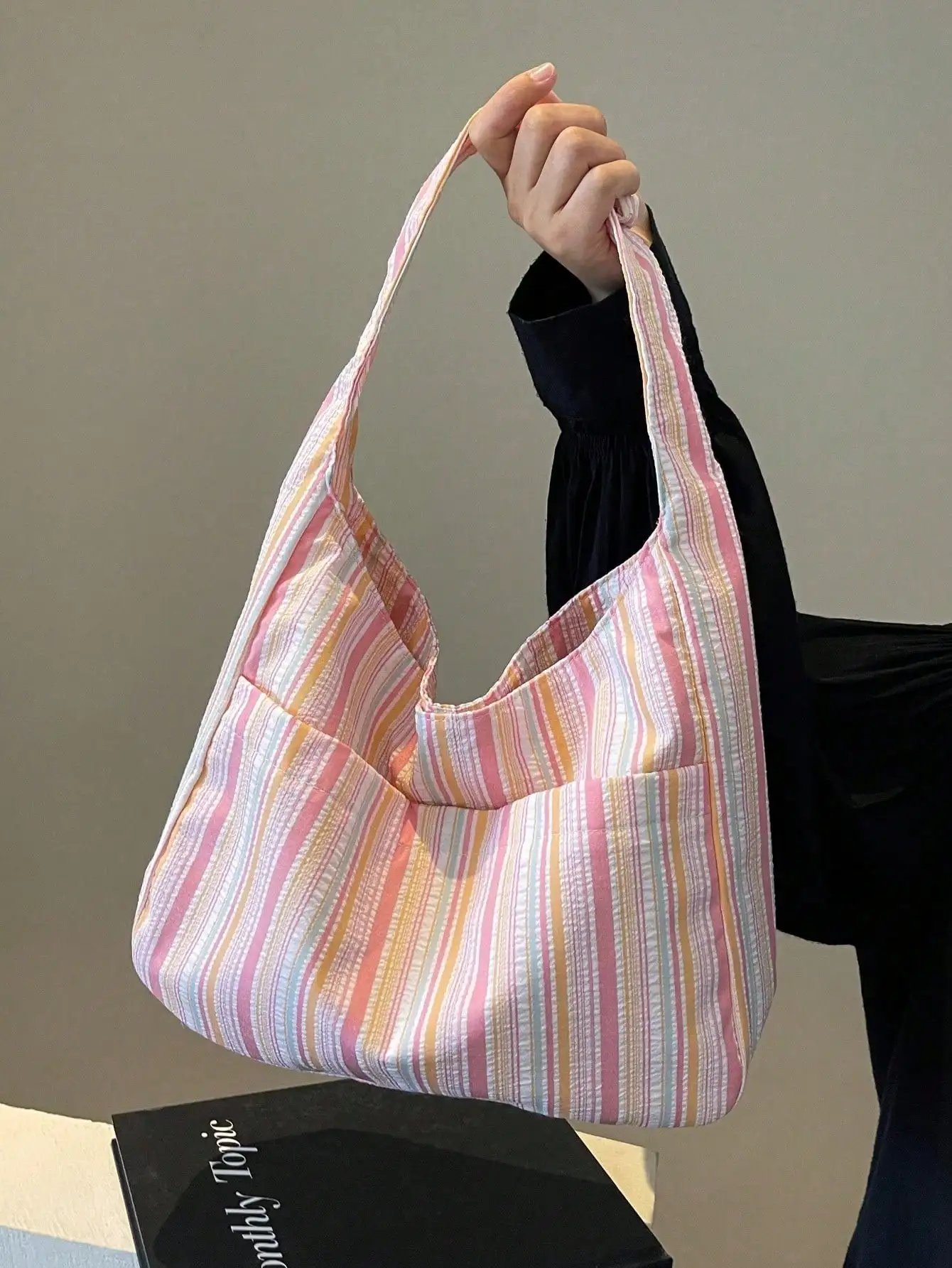 

Pastel Striped Canvas Tote Bag, Large Capacity Hobo Shoulder Bag for Women, Lightweight Casual Daily Handba
