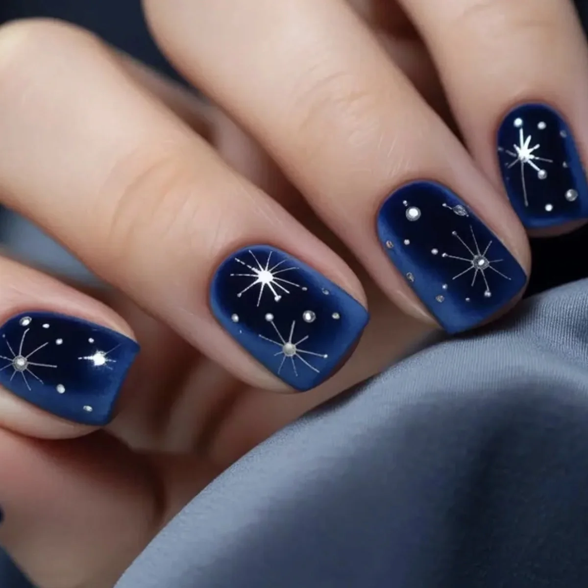 Faux ongles courts pour femmes, bleu foncé ou nude, avec motif étoilé, forme carrée, couvrance totale, ensemble de faux ongles à presser.