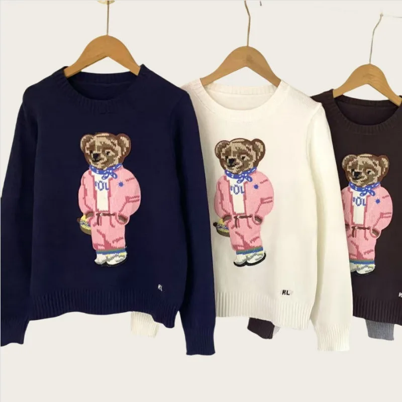 New Pink Cartoon Bear Knitted Sweater Women Fashion Embroidery Autumn O-neck Long Sleeve Casual Pullover Top Preppy Student
