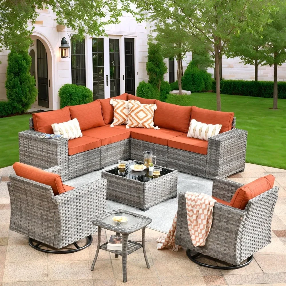 Patio Furniture Set 9 Pieces, Sectional Sofa with Swivel Rocking Chairs, Wide Arms and Deep Seat, Outdoor Wicker Rattan Sofa