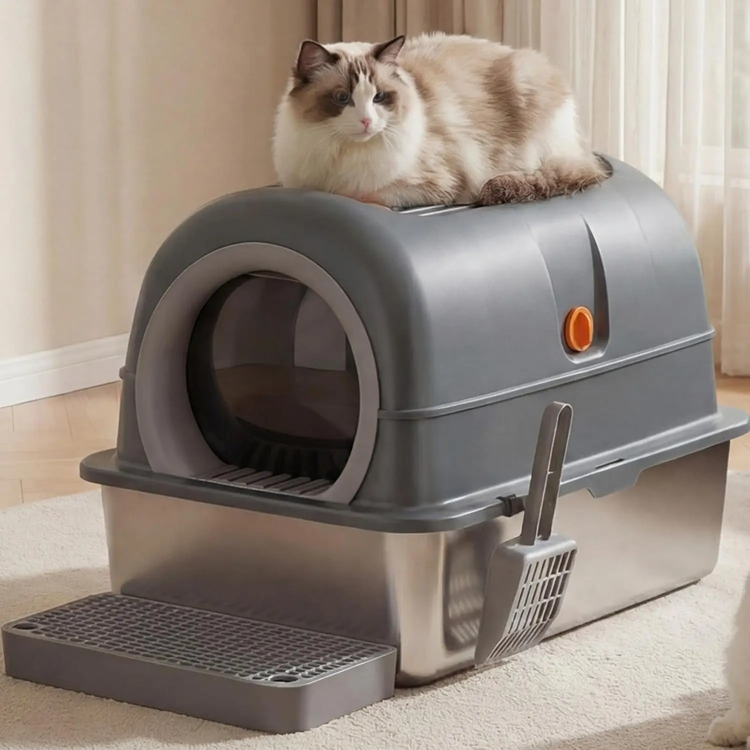 Enclosed Litter Box with Lid High-Sided Stainless Steel Construction