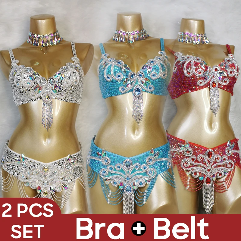 

Belly Dance Performance Costumes Bra + Belt 2 Pcs Sexy Handmade Chain Belt For Women Performance Carnival Strip Dance Outfit